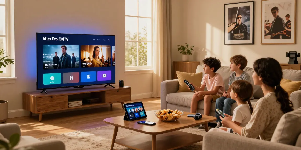 Vue d'un salon moderne avec la famille utilisant Atlas pro ontv sur un téléviseur intelligent, ambiance chaleureuse.