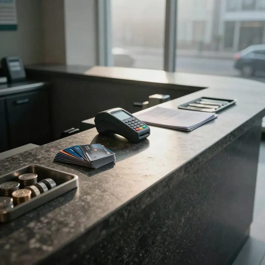 Comptoir bancaire moderne en pierre sombre, cartes et terminal, lumière dramatique.