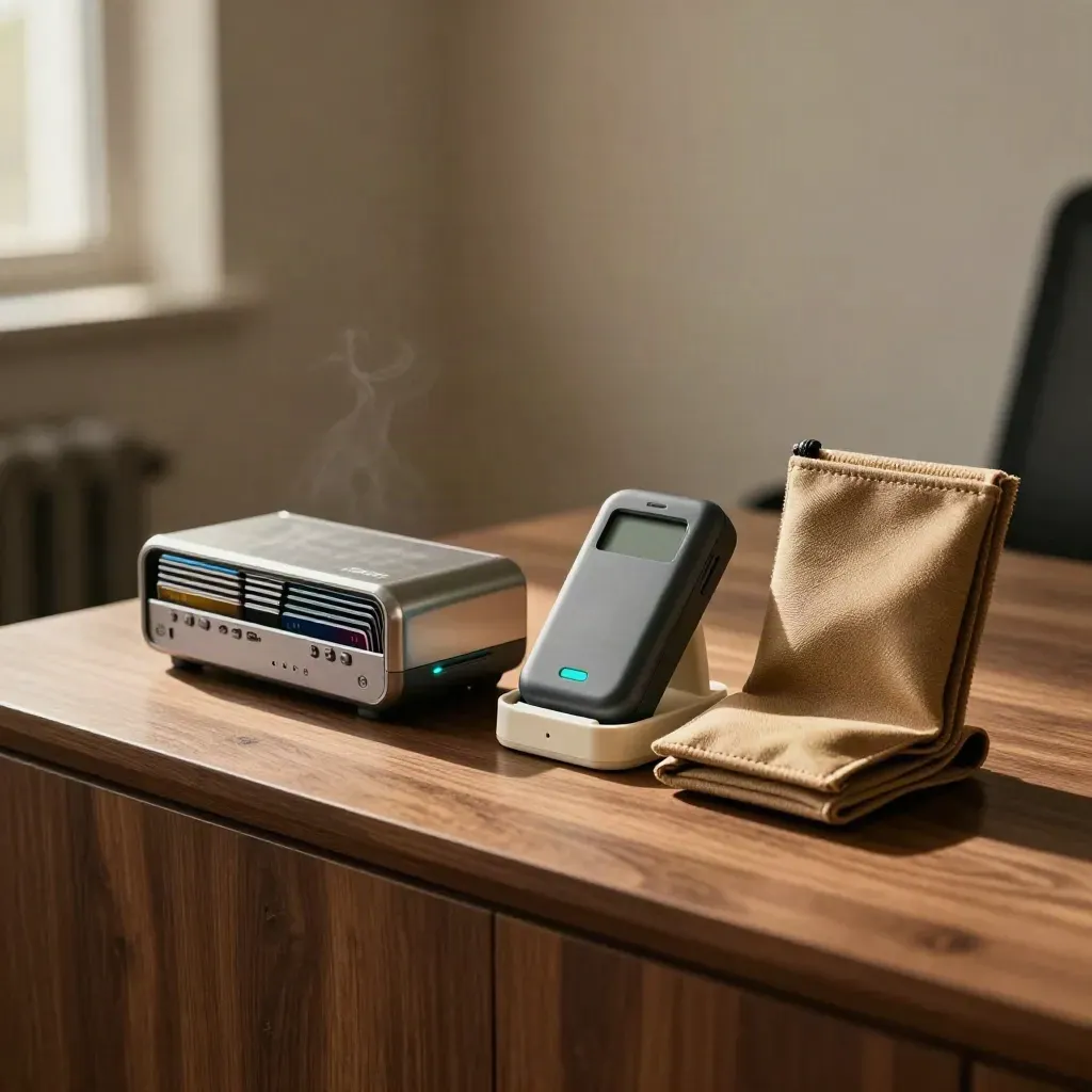 Cartes de paiement professionnelles avec lecteur sans fil et pochette de sécurité sur un buffet chaud.
