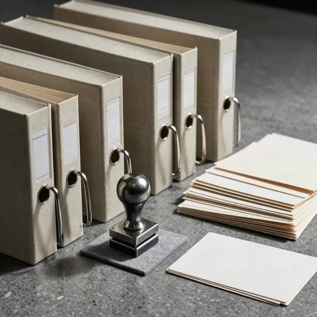Boîtes d’archives et lots SEPA en mouvement sur un plan de travertin