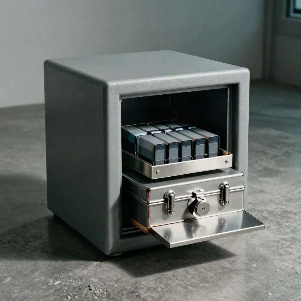 Coffre compact, boîtes de caisse scellées et séparateur de quotas sur sol béton sombre.