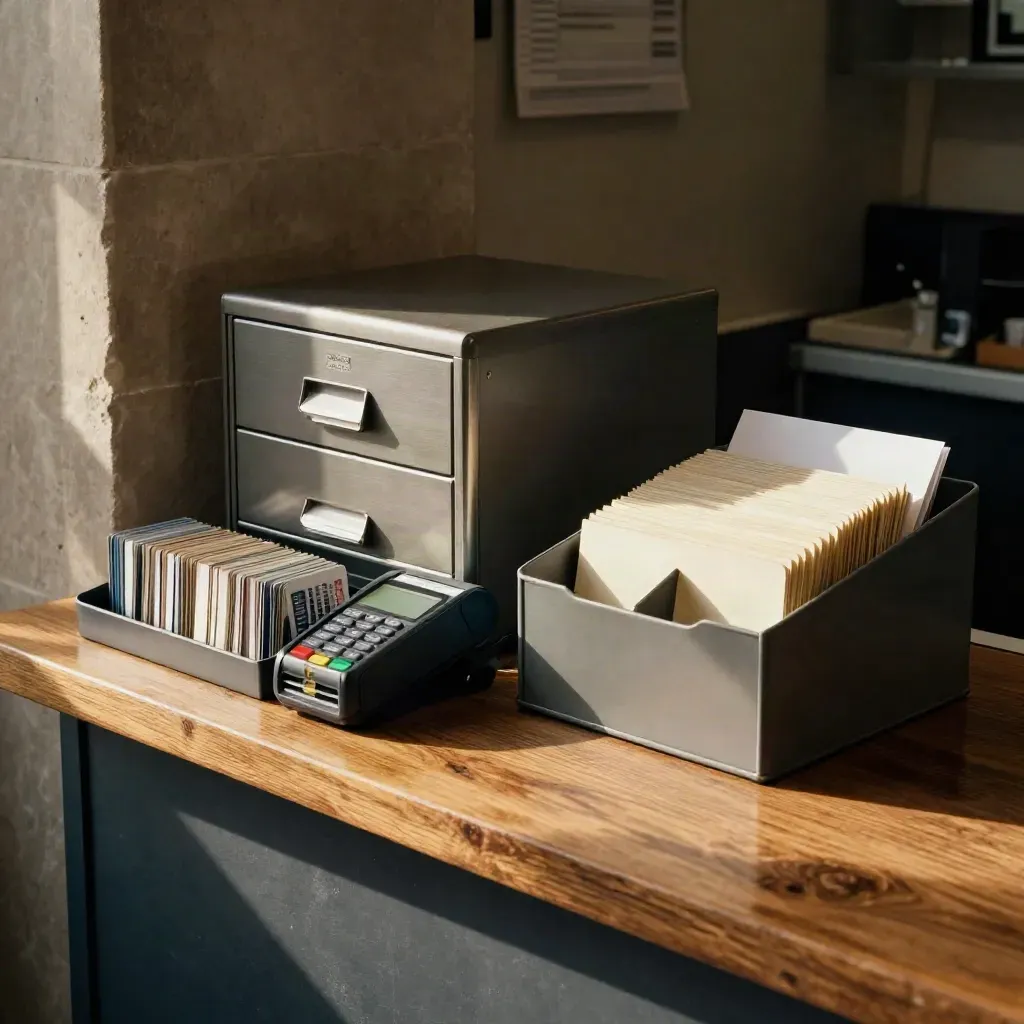 Espace de paiements organisé avec terminal chargé, cartes rangées et casier fermé.