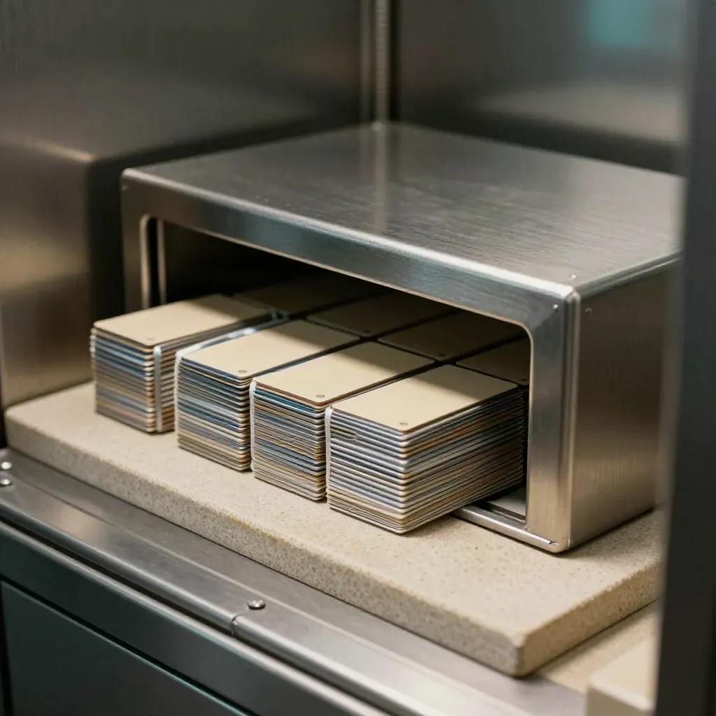 Plans serrés de lots de cartes sécurisées et coffre plat dans un poste de paie calme.