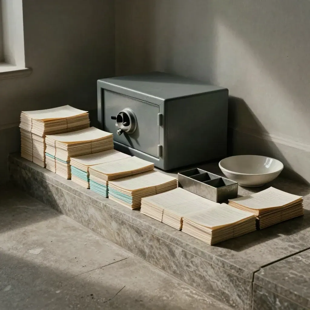Réserve d’épargne avec blocs de papier plié, petit coffre, porte-jetons et coupelle de tri.
