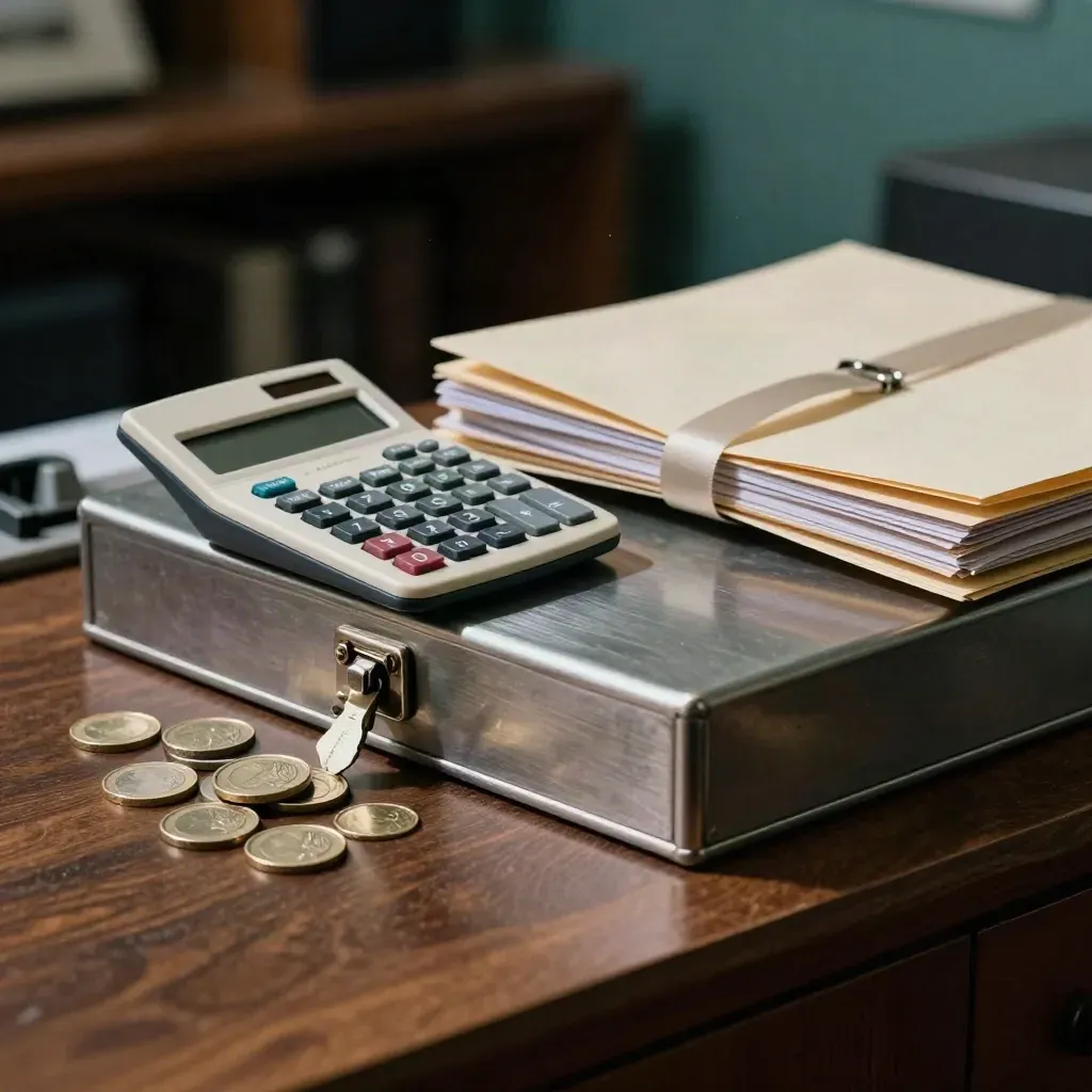 Boîtier de trésorerie, pièces, calculatrice éteinte et ruban de classement sur un comptoir sombre.