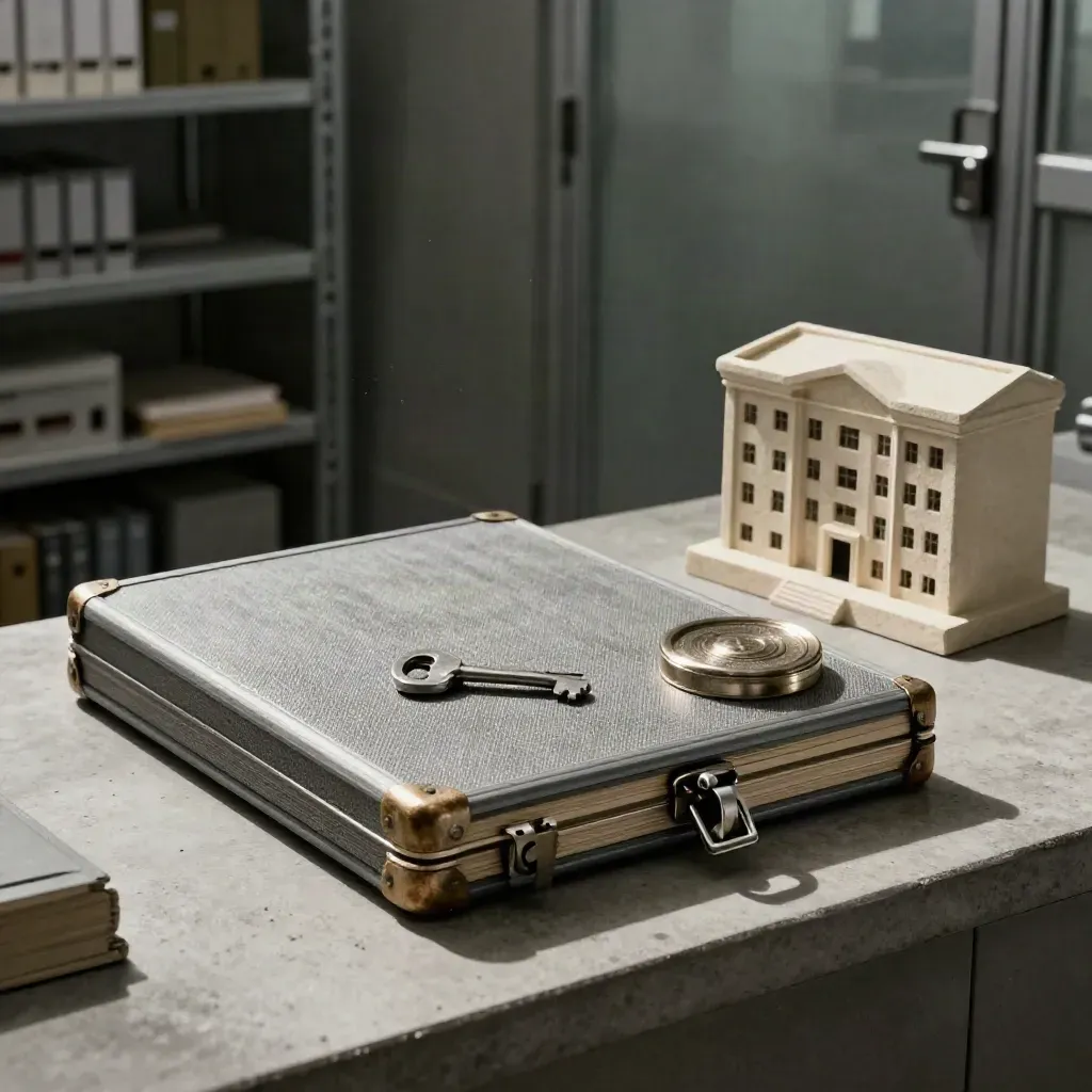 Dossier de crédit verrouillé, sceau métallique et maquette de bâtiment sur comptoir de banque.