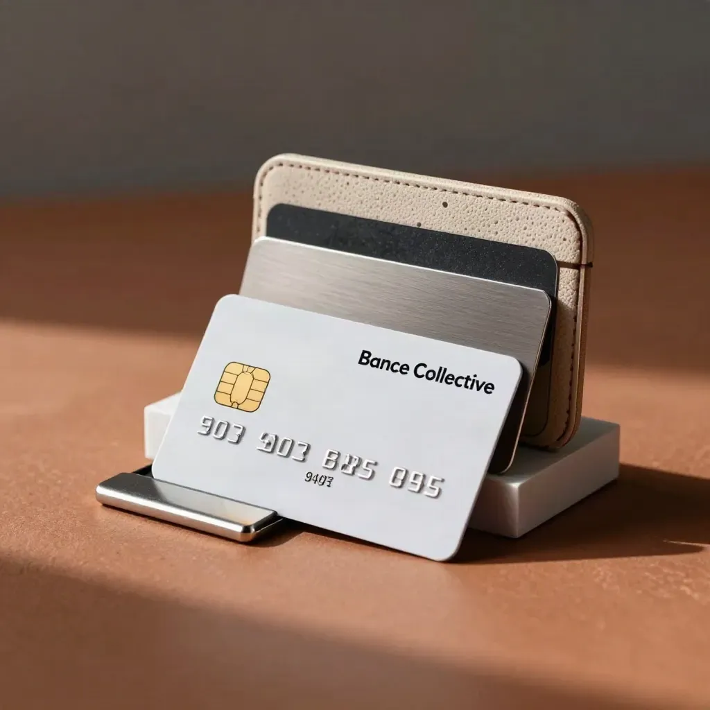 Carte bancaire premium, porte-cartes et étui rigide sur pierre terracotta, lumière douce.