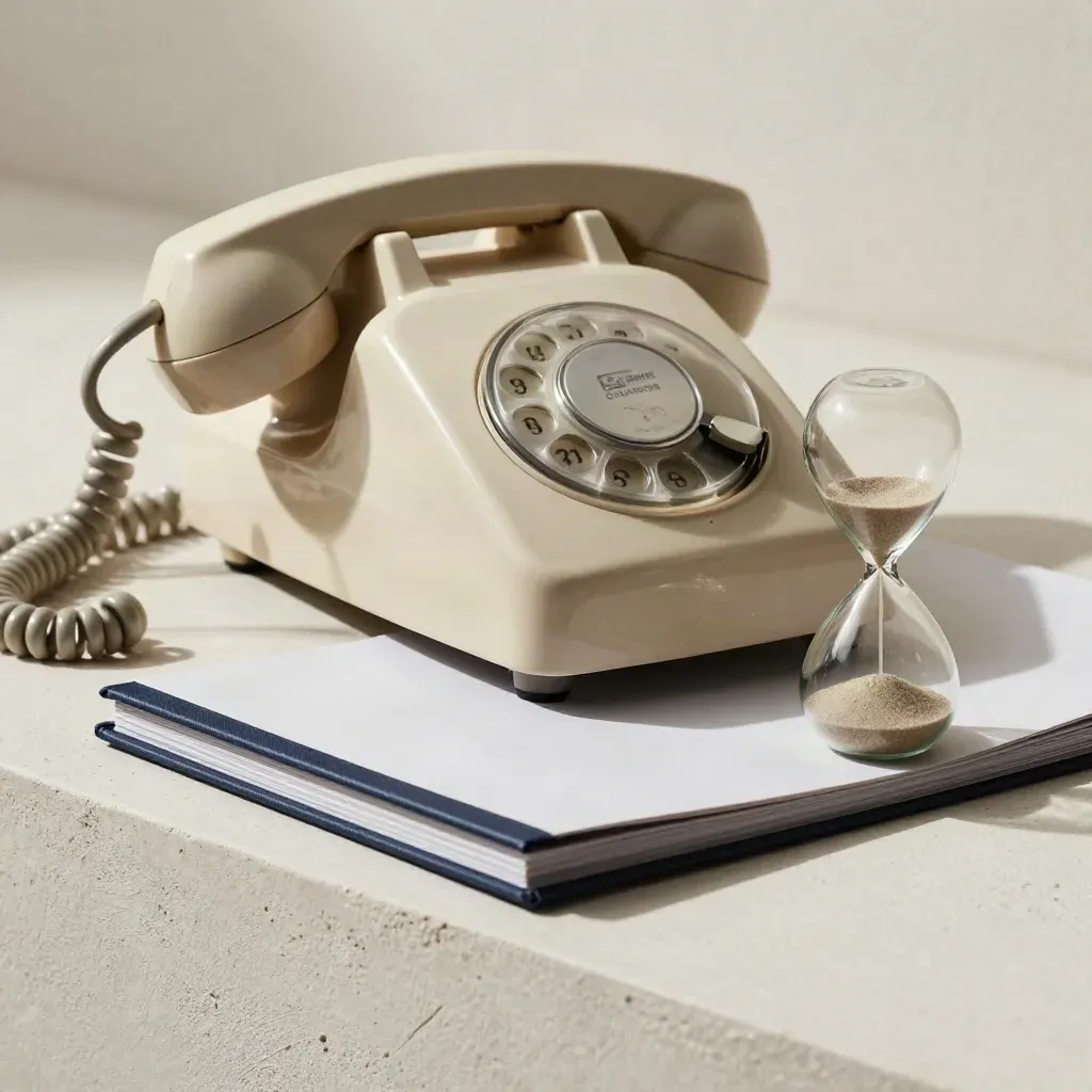 Téléphone ancien, dossier fermé et sablier sur un fond clair, lumière douce.