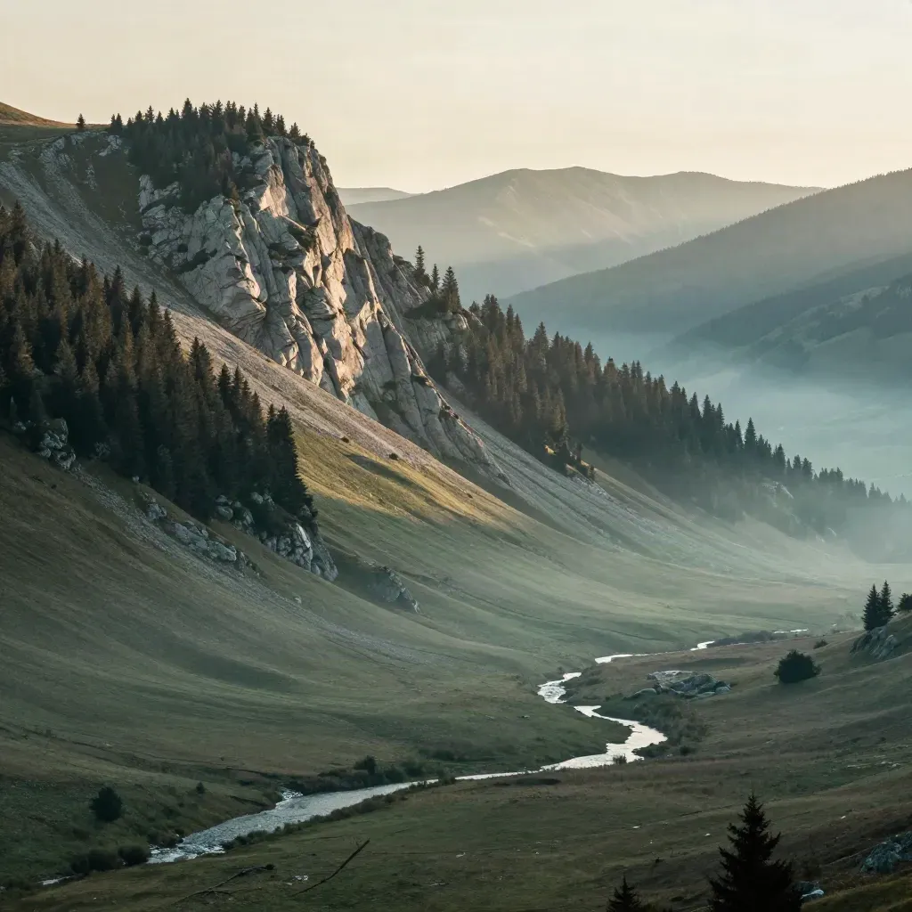 Vallée alpine d’Auvergne-Rhône-Alpes dans la brume dorée, reliefs lointains et lumière rasante.