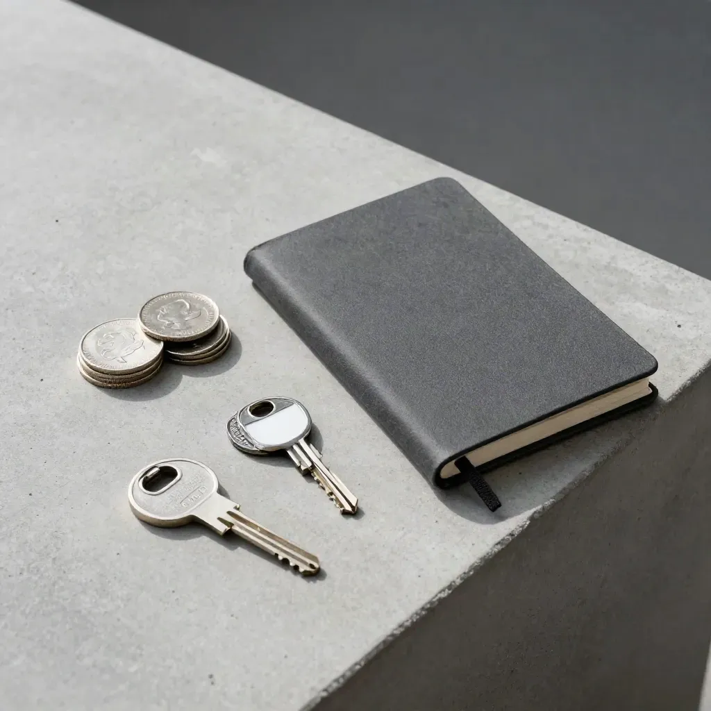 Vue de dessus d’objets bancaires sobres sur béton clair, avec jetons, carnet fermé et clé de sécurité.