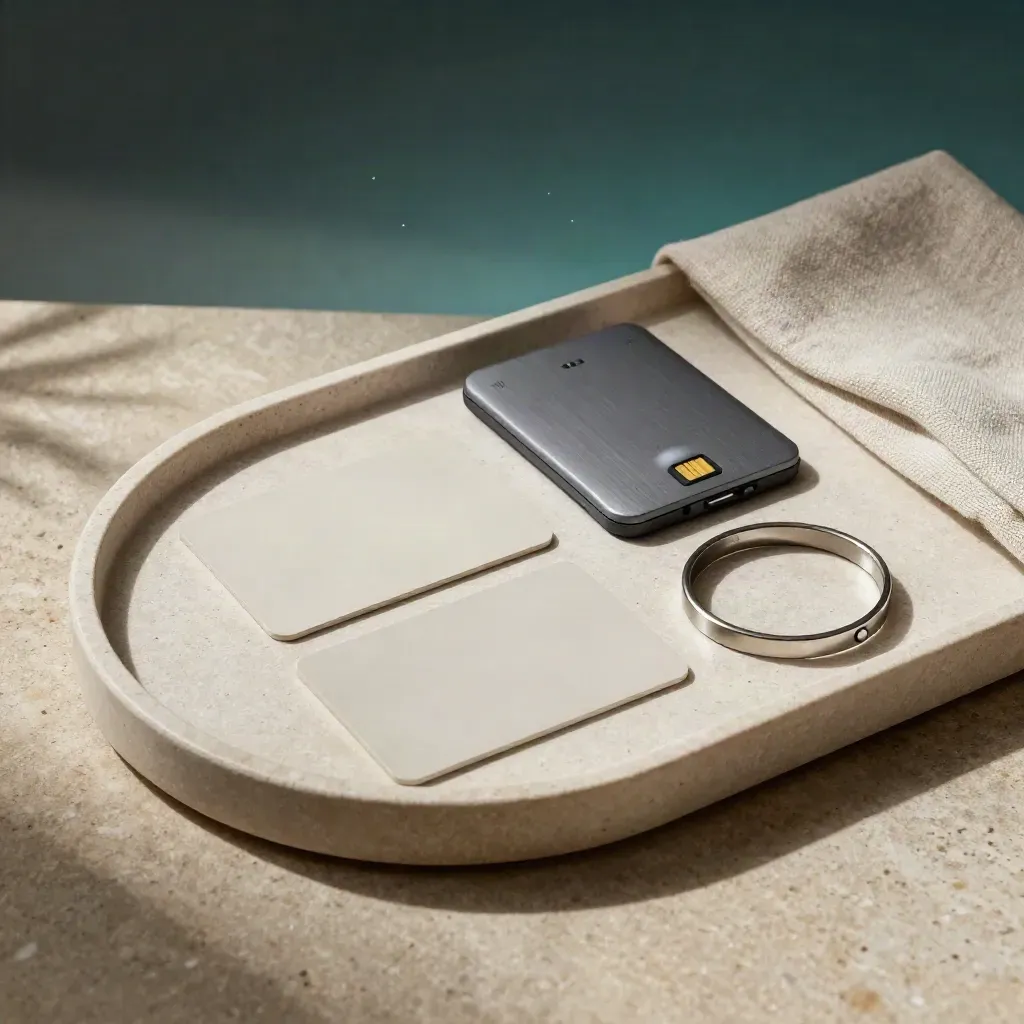 Trois cartes, un lecteur compact, une puce et un anneau métallique sur une pierre claire.