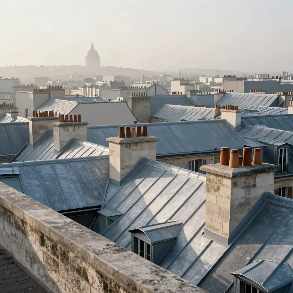 Toits de zinc parisiens dans la brume du matin, dôme lointain au-dessus de Paris.