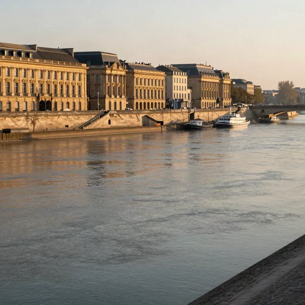 Façades de pierre blonde au bord de la Garonne, brume dorée et quais paisibles.