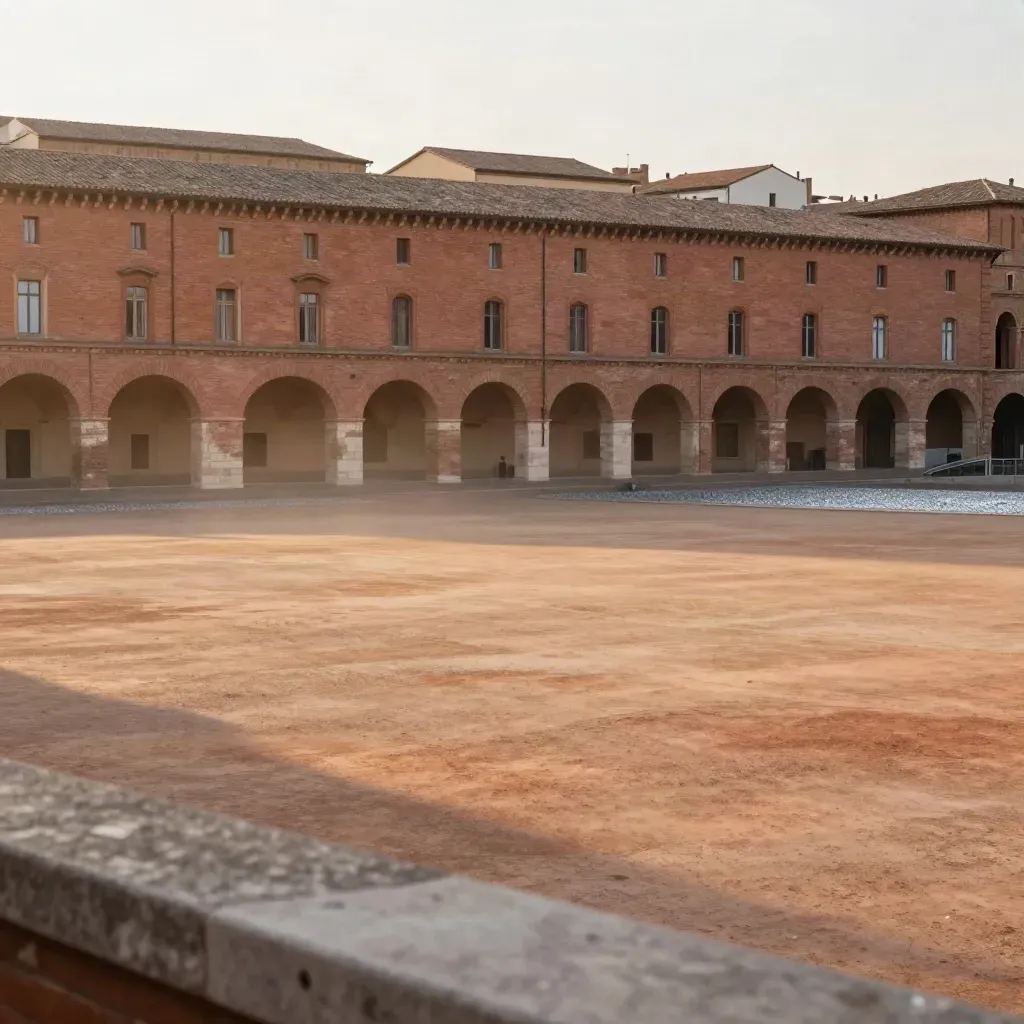 Façades de brique rose en Occitanie, arches lointaines et bas de cadre calme pour le texte.